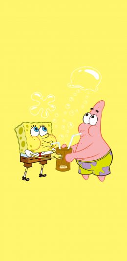 [2436x1125]海绵宝宝 派大星 黄色 吸管 动画 苹果手机壁纸图片