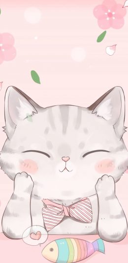 [2436x1125]猫咪 可爱 粉 闭眼 动漫 拟人 苹果手机壁纸图片