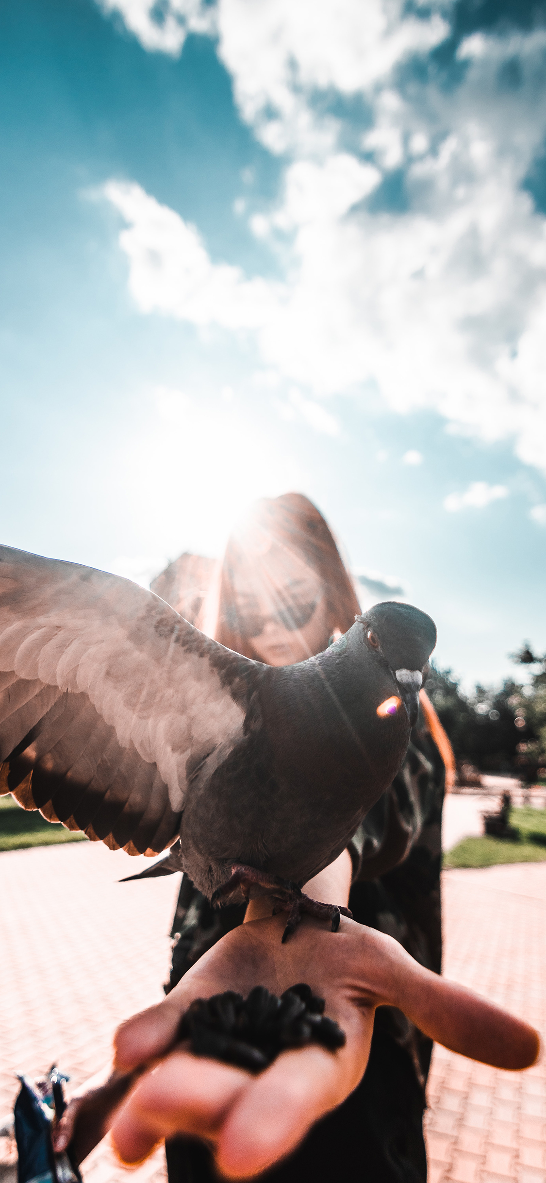 [2436×1125]蓝天 欧美女孩 鸽子 和平鸽 苹果手机壁纸图片