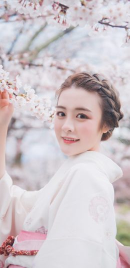 [2436x1125]和服 樱花 女孩 盘发 唯美 粉色 苹果手机美女壁纸图片