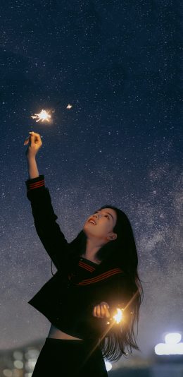 [2436x1125]女孩 写真 烟花 星空 苹果手机美女壁纸图片