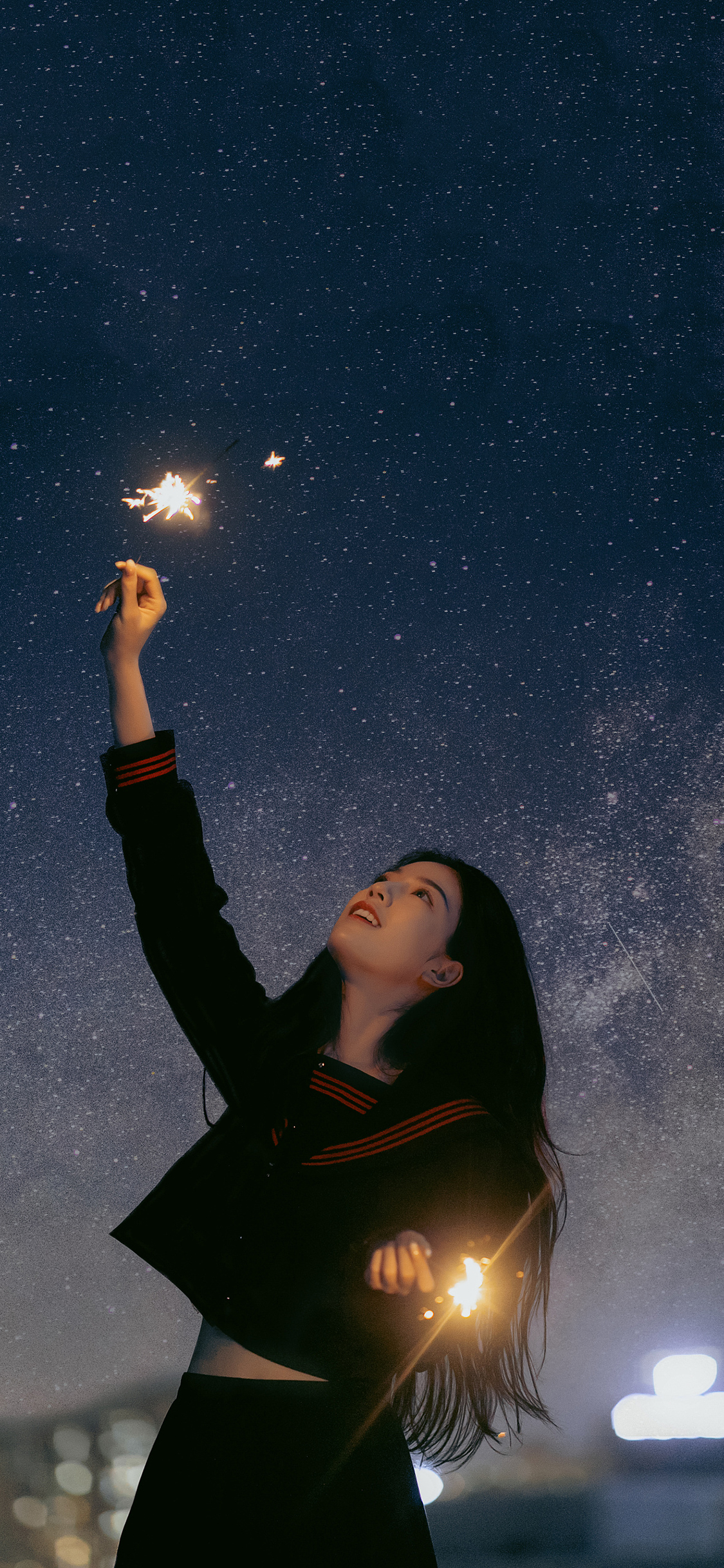 [2436×1125]女孩 写真 烟花 星空 苹果手机美女壁纸图片