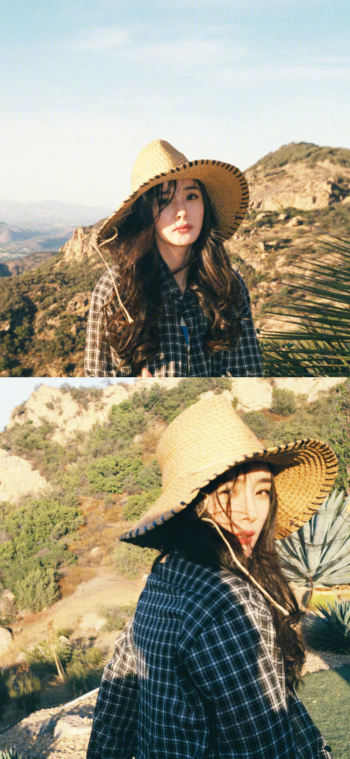 [2436×1125]艺人 演员 杨幂 户外 帽子 苹果手机美女壁纸图片