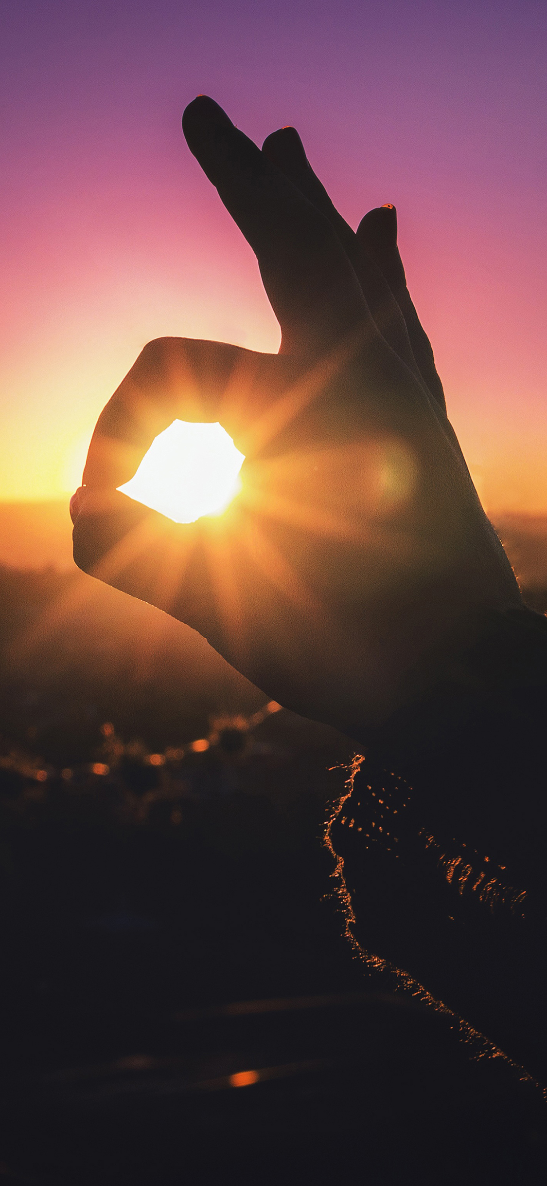 [2436×1125]OK 手势 阳光 日出 苹果手机壁纸图片