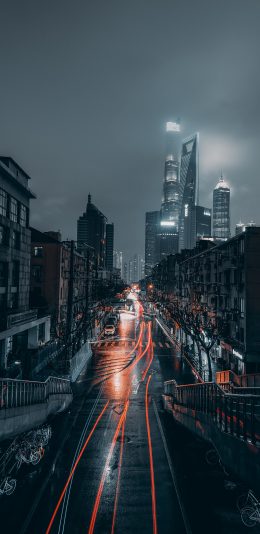 [2436x1125]上海 城市 建筑 夜晚 马路 苹果手机壁纸图片