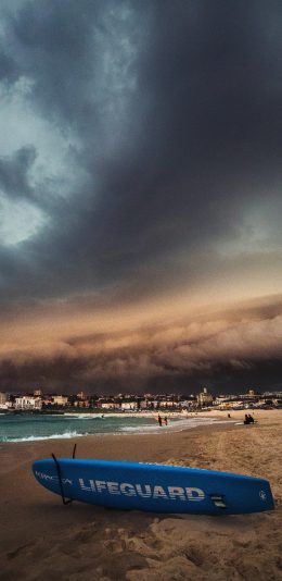 [2436x1125]乌云 大海 沙滩 冲浪板 海景 苹果手机壁纸图片