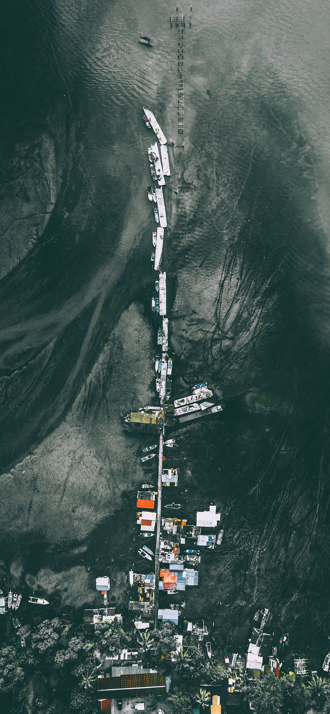 [2436×1125]俯拍 海滩 船只 黑白 苹果手机壁纸图片