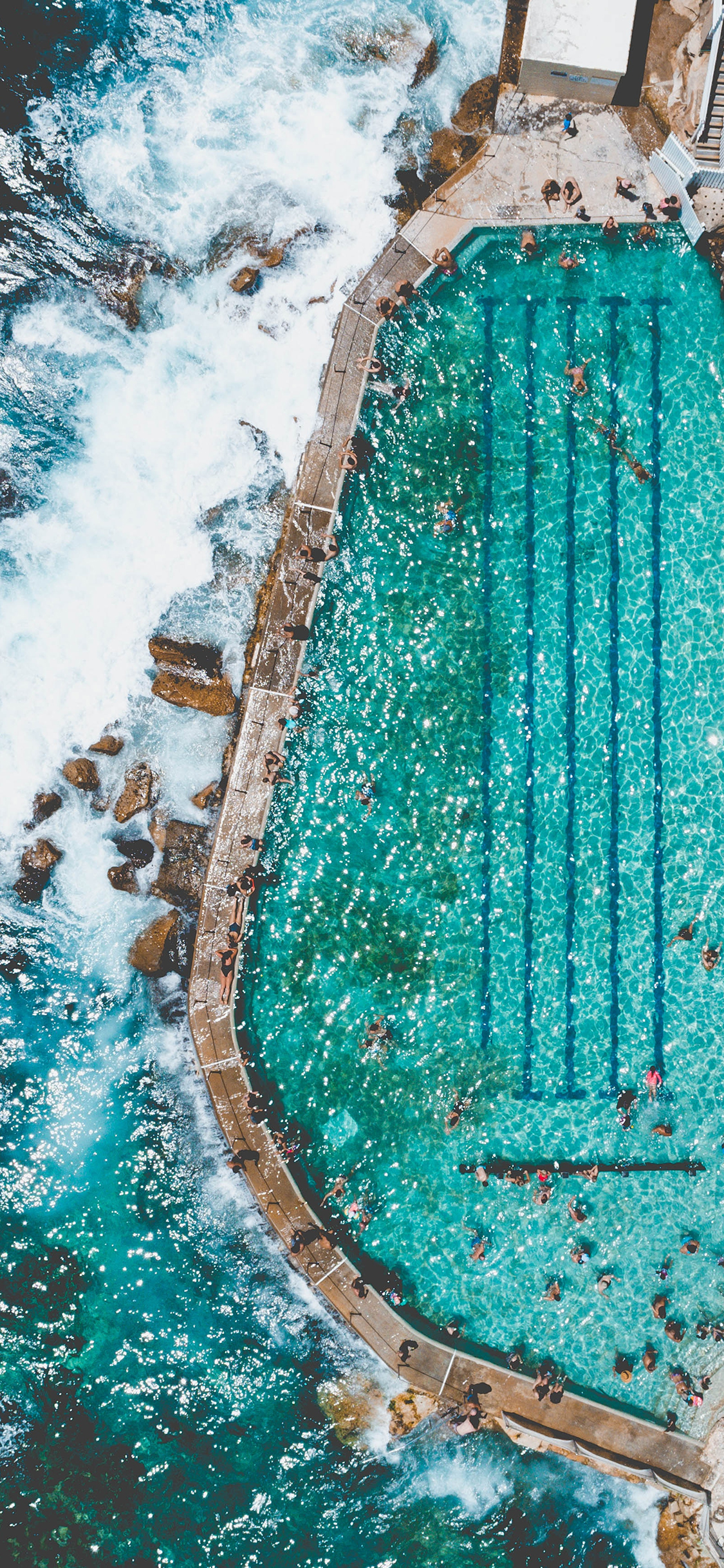 [2436×1125]俯拍 游泳池 海边 创意 苹果手机壁纸图片