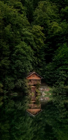 [2436x1125]倒映 树林 木屋 岸边 苹果手机壁纸图片