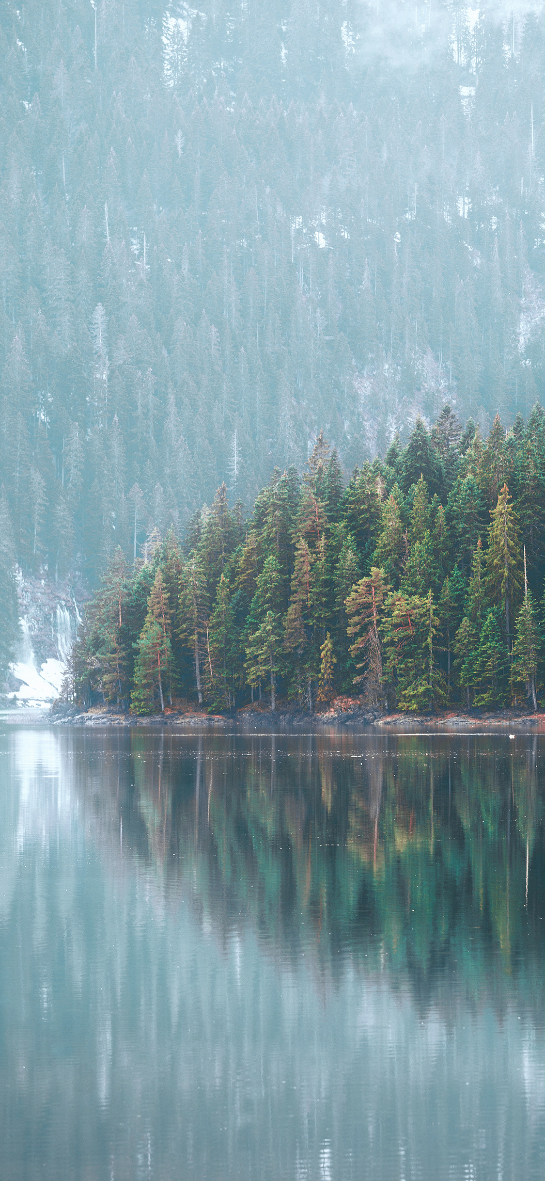 [2436×1125]倒映 树林 水面 景色 湖水 苹果手机壁纸图片