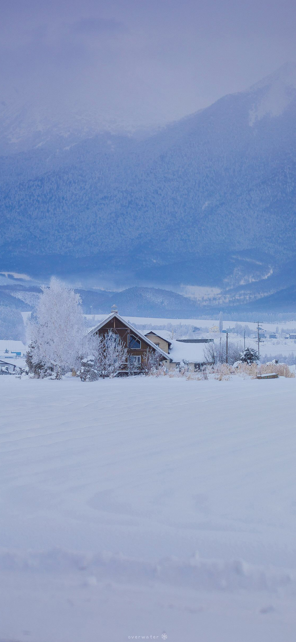 [2436×1125]冬季 白色 房屋 雪地 山 苹果手机壁纸图片