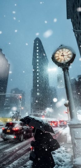 [2436x1125]冬季 街景 下雪 唯美 苹果手机壁纸图片