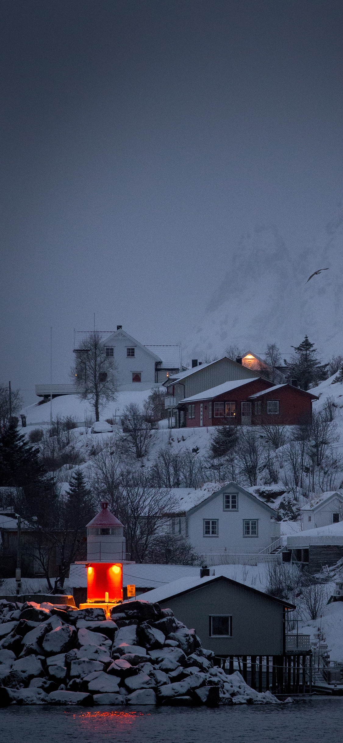 [2436×1125]冬季 雪地 房屋 白雪覆盖 灯光 苹果手机壁纸图片