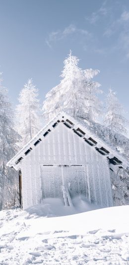 [2436x1125]冬季 雪地 木屋 唯美 苹果手机壁纸图片