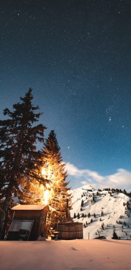 [2436x1125]冬季 雪景 星空 木屋 苹果手机壁纸图片