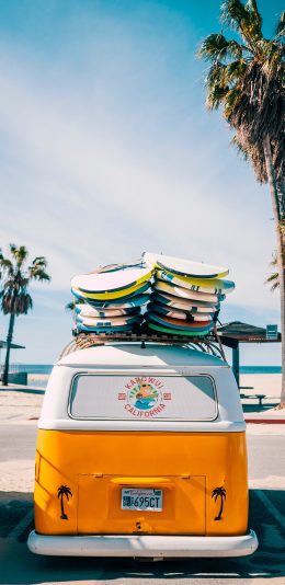 [2436x1125]冲浪板 面包车 旅行 海边 度假 苹果手机壁纸图片