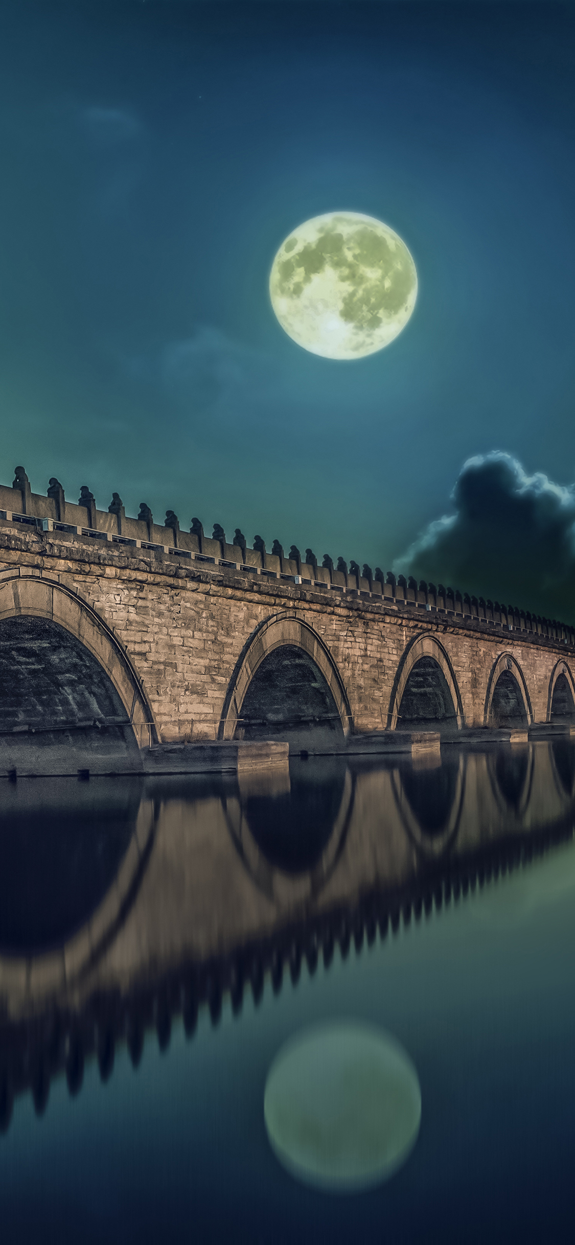[2436×1125]卢沟桥 景点 夜晚 月亮 苹果手机壁纸图片