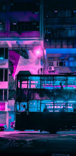 [2436x1125]双层巴士 夜晚 街道 香港 城市 苹果手机壁纸图片