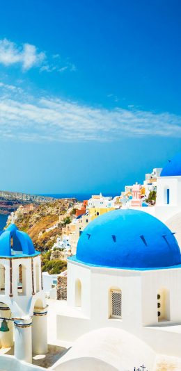 [2436x1125]圣托里尼岛 希腊 爱情海 蓝白 建筑 苹果手机壁纸图片