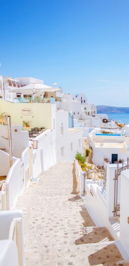 [2436x1125]圣托里尼岛 爱情海 希腊 道路 浪漫 房屋 苹果手机壁纸图片