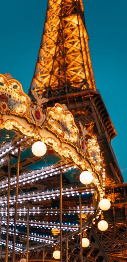 [2436x1125]埃菲尔铁塔 旋转木马 灯光 夜 苹果手机壁纸图片