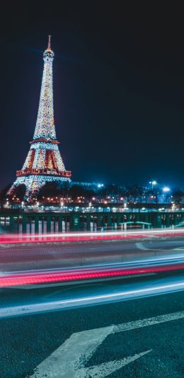 [2436x1125]埃菲尔铁塔 道路 夜景 灯光 苹果手机壁纸图片