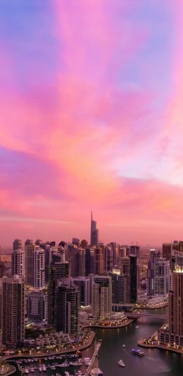 [2436x1125]城市 夕阳 彩霞 高楼林立 苹果手机壁纸图片
