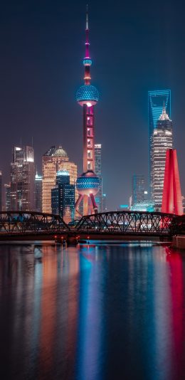[2436x1125]城市 夜景 上海 地标 电视塔 苹果手机壁纸图片