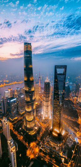 [2436x1125]城市 夜景 上海 天空 灯光  高楼大厦 苹果手机壁纸图片