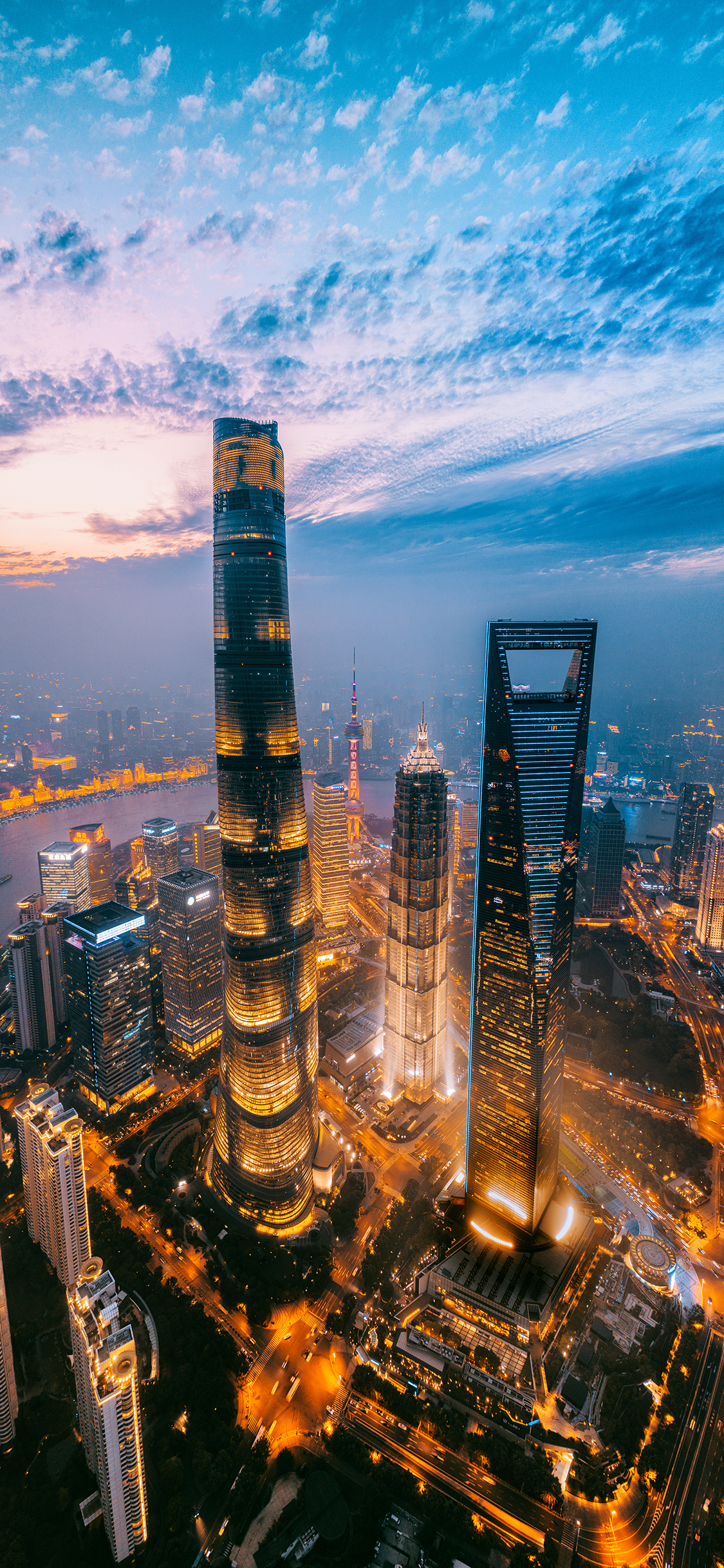 [2436×1125]城市 夜景 上海 天空 灯光  高楼大厦 苹果手机壁纸图片