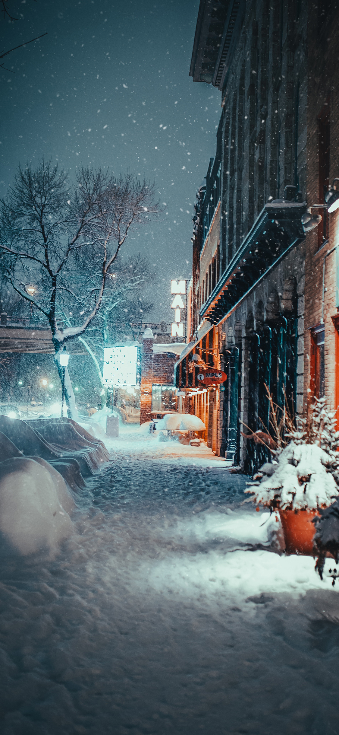 [2436×1125]城市 夜景 冬季 白雪覆盖 雪景 苹果手机壁纸图片