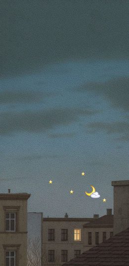 [2436x1125]城市 夜景 卡通 星星 月亮 苹果手机壁纸图片