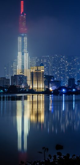 [2436x1125]城市 夜景 建筑 倒映 苹果手机壁纸图片