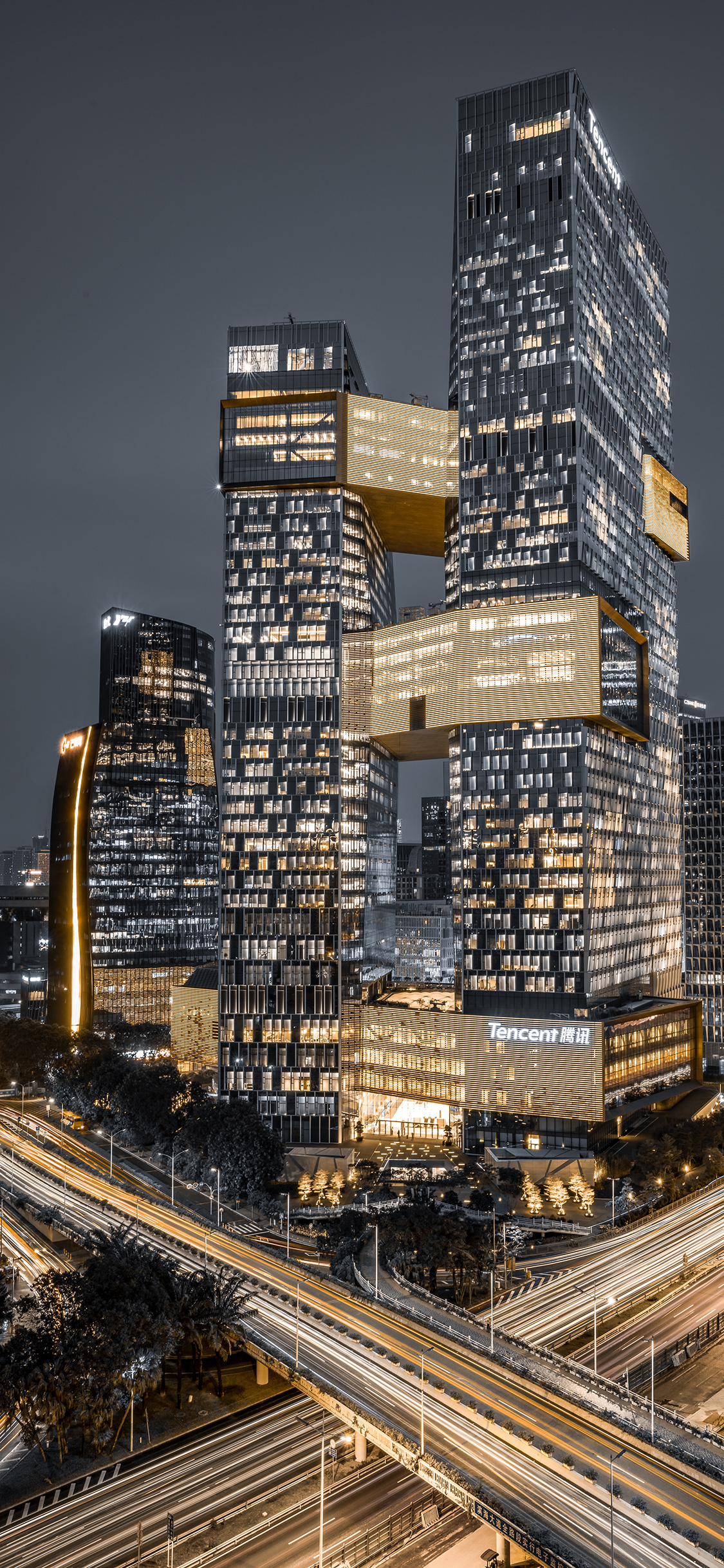 [2436×1125]城市 夜景 建筑 腾讯大厦 灯光 苹果手机壁纸图片