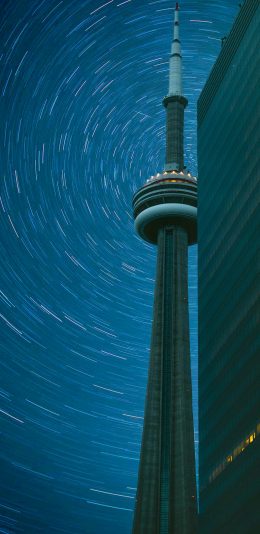 [2436x1125]城市 夜景 星轨 建筑 塔 苹果手机壁纸图片