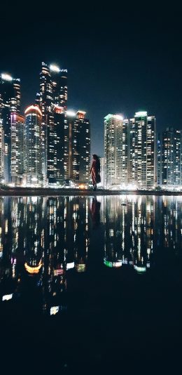 [2436x1125]城市 夜景 繁华 倒映 苹果手机壁纸图片