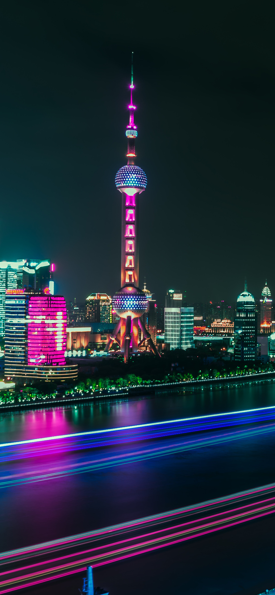 [2436×1125]城市 建筑 上海 东方明珠 夜景 苹果手机壁纸图片