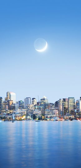 [2436x1125]城市 海岸 月亮 蓝 苹果手机壁纸图片