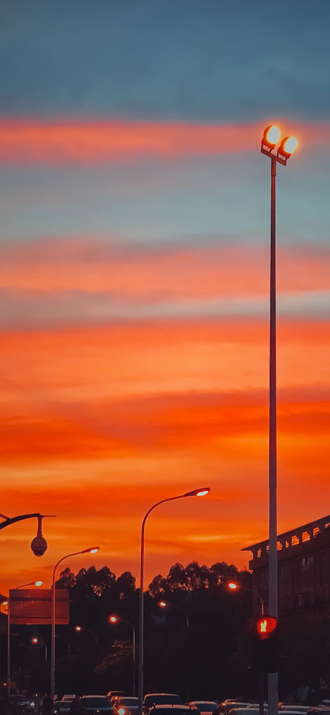 [2436×1125]城市 路灯 晚霞 火烧云 唯美 苹果手机壁纸图片