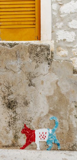 [2436x1125]墙壁 拼接 砖石 猫咪 苹果手机壁纸图片