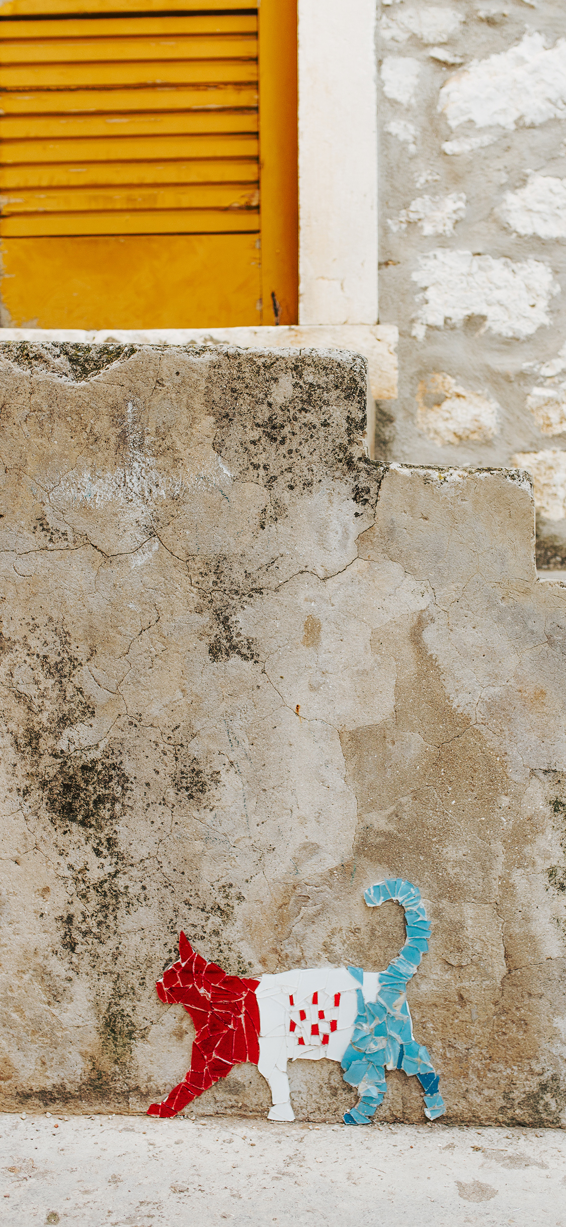 [2436×1125]墙壁 拼接 砖石 猫咪 苹果手机壁纸图片