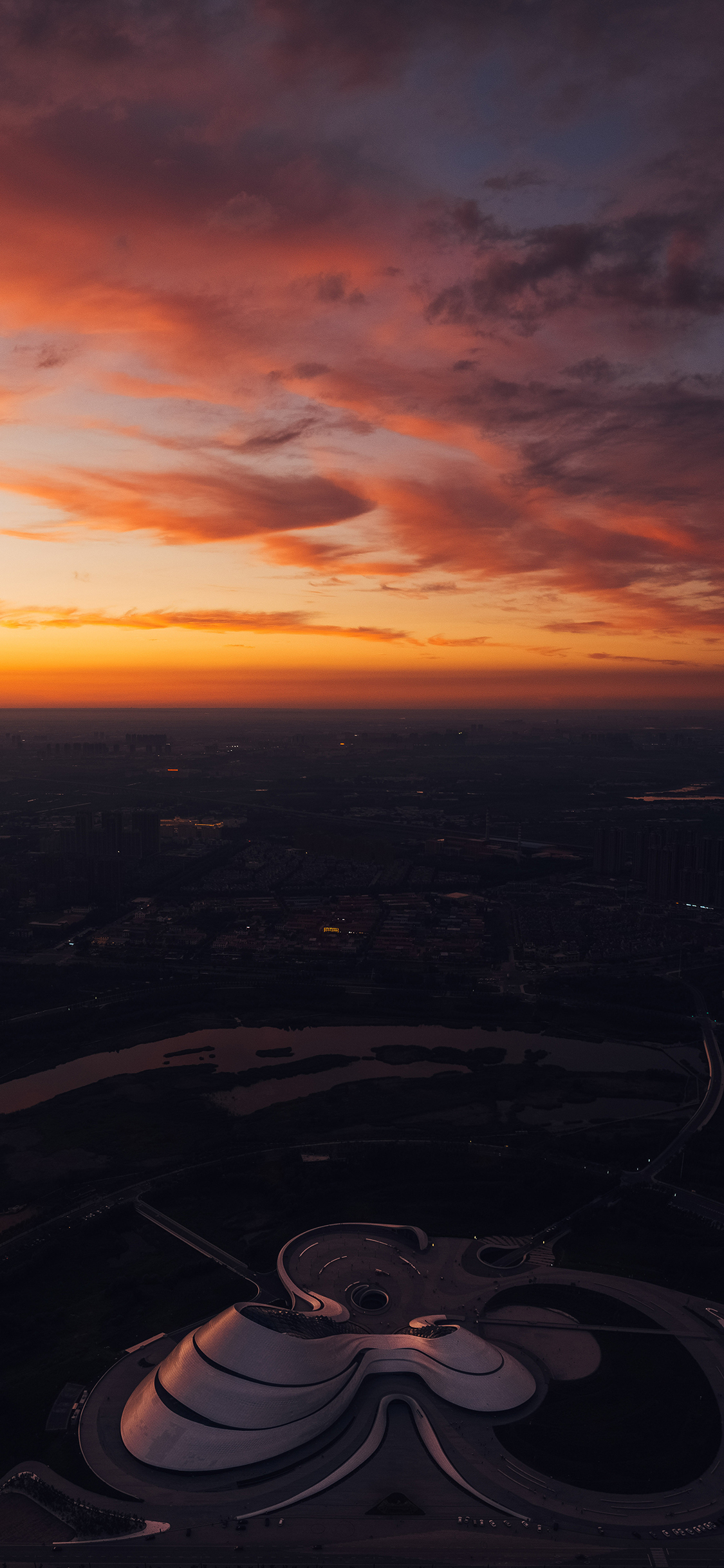 [2436×1125]夕阳 美景 红霞 建筑 苹果手机壁纸图片