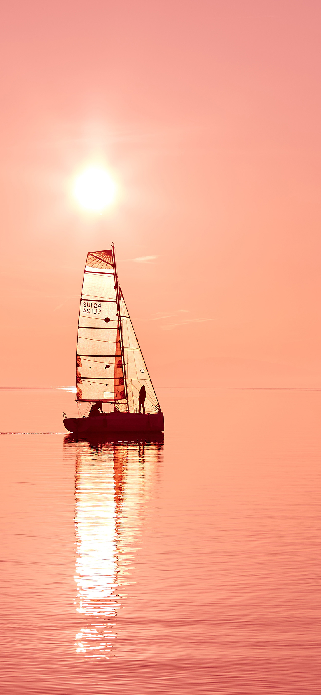 [2436×1125]夕阳 落日 大海 帆船 苹果手机壁纸图片