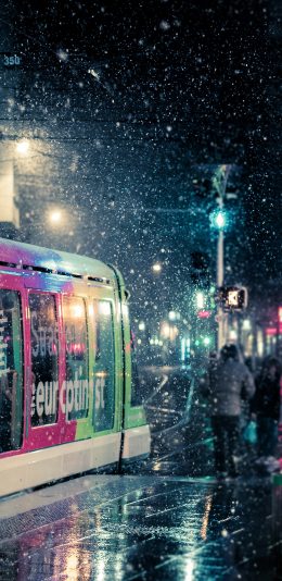[2436x1125]夜晚 动车 下雪 雪景 苹果手机壁纸图片