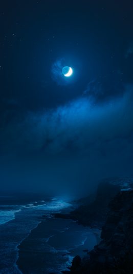 [2436x1125]夜晚 大海 海浪 月球 月亮 苹果手机壁纸图片