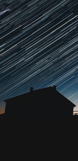[2436x1125]夜晚 天空 流星雨 小木屋 苹果手机壁纸图片