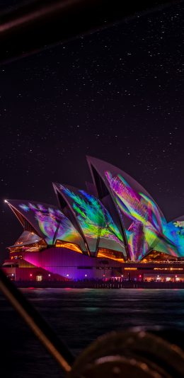 [2436x1125]夜晚 悉尼歌剧院 地标 炫彩 苹果手机壁纸图片