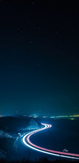 [2436x1125]夜晚 星空 道路 曲线 蜿蜒 山 苹果手机壁纸图片