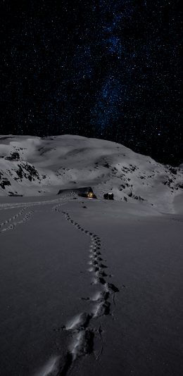 [2436x1125]夜晚 星空 雪地 脚印 苹果手机壁纸图片