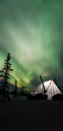 [2436x1125]夜晚 极光 帐篷 美景 苹果手机壁纸图片